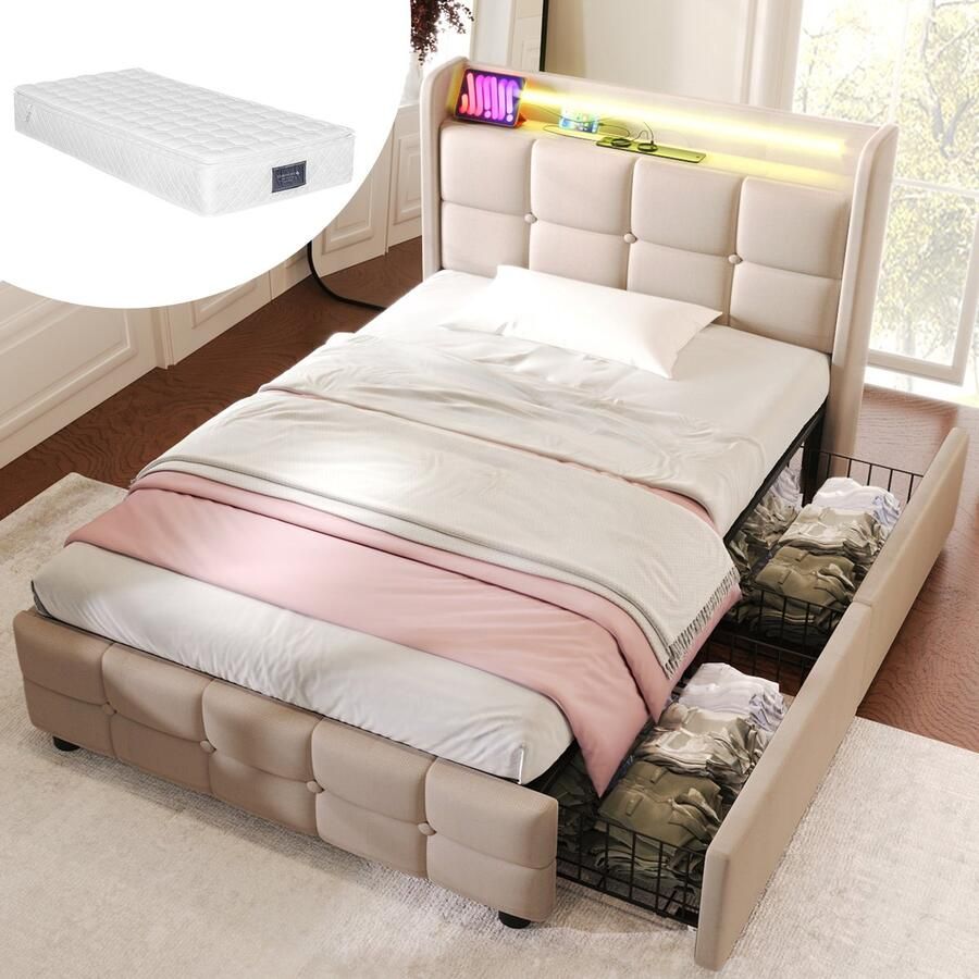 SONNENH Polsterbed 90x200 cm USB-laadfunctie in het hoofdgedeelte LED-verlichting 2 laden houten lattenbodem inclusief matras beige opbergbed eenpersoonsbed bedframe