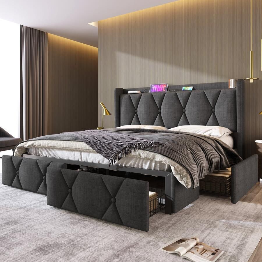 SONNENH Polsterbed 160x200 cm Oplaadfunctie via USB aan hoofdeinde 4 laden houten lattenbodem