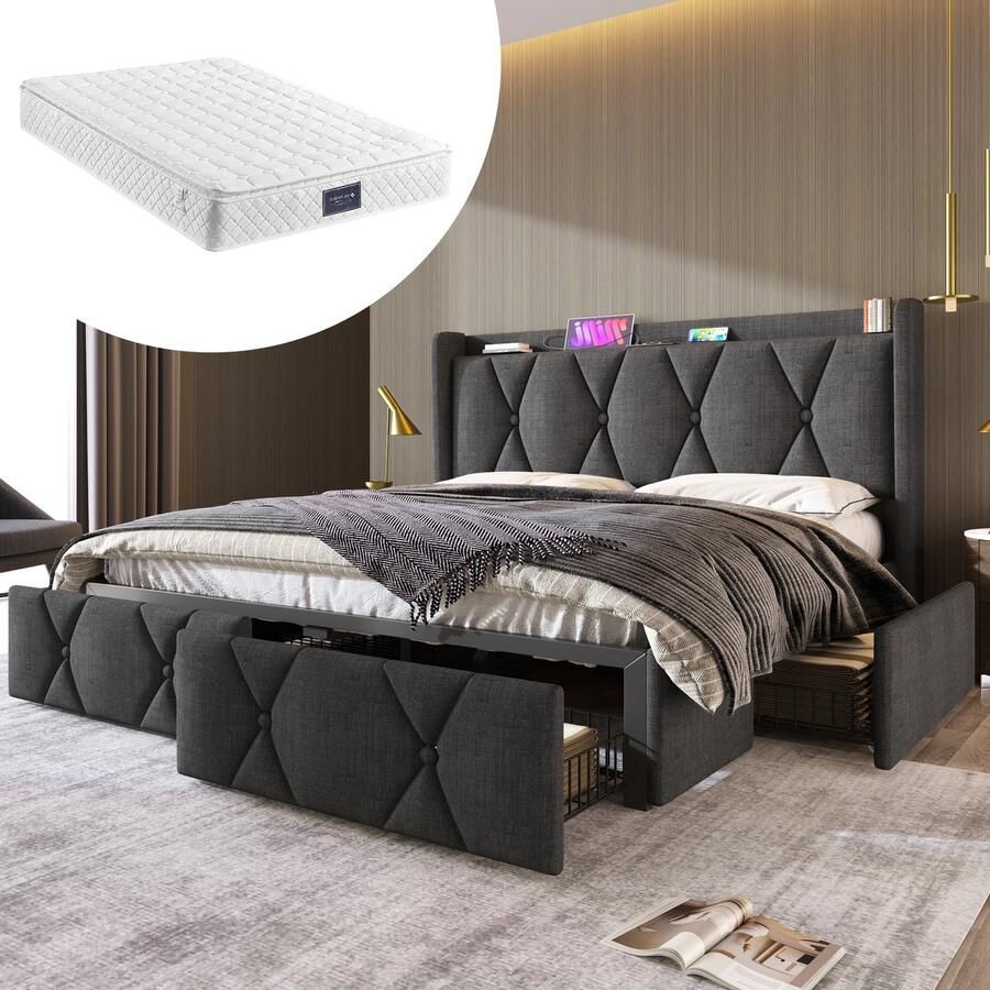 Singularity -Gestoffeerd bed met USB-oplaadbaar hoofdeinde en 4 lades- tweepersoonsbed 160x200cm opbergbedden bedframe- grijs met matras