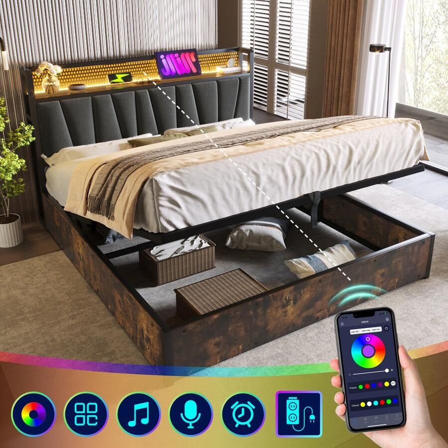 Merax Metalen led-bed met app-bediening en USB-lader 140x200 cm Grijs (zonder matras)