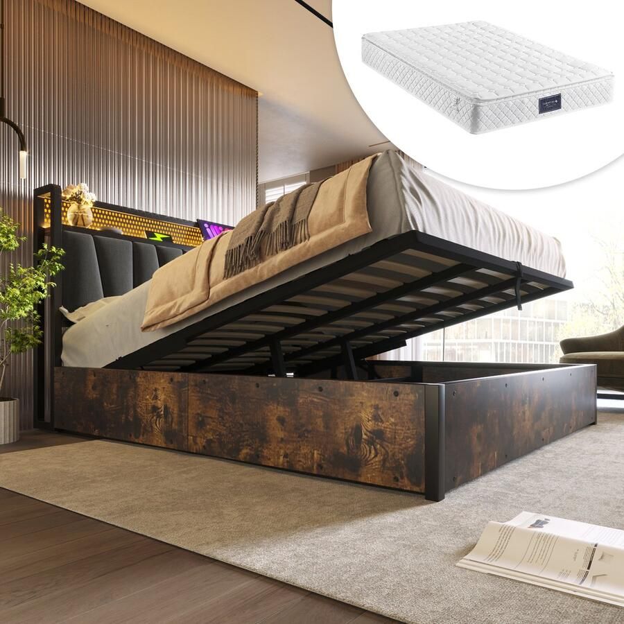 Singularity -Gestoffeerd bed metalen bed LED tweepersoonsbed met USB hoofdeinde en LED verlichting- metalen bed 160x200cm grijs met matras