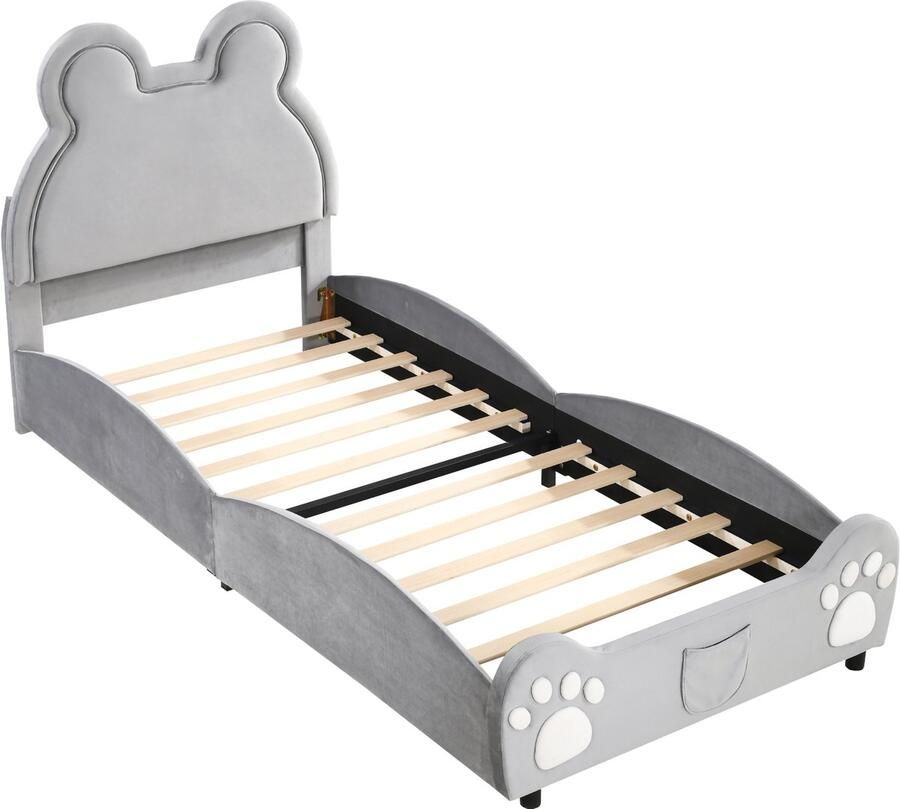 Singularity -Gestoffeerd bed. Prachtig kinderbed- 90 x 200 cm- in de vorm van een beer. Eenpersoonsbed van huidvriendelijk velours- grijs. Matras niet inbegrepen