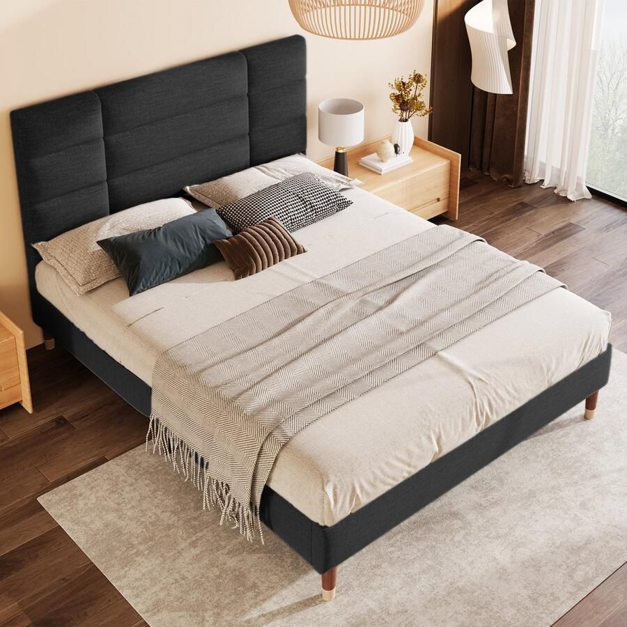 Singularity -Gestoffeerd bed- tweepersoonsbed- 140x200cm gestoffeerd bedframe met hoofdeinde- in donkergrijs linnen- matras niet inbegrepen- Zonder matras