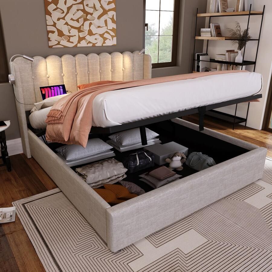 SONNENH Polsterbed 140x200 Leeslamp Uittrekbare laden Hoofdsteun met opbergruimte Linnen bedframe