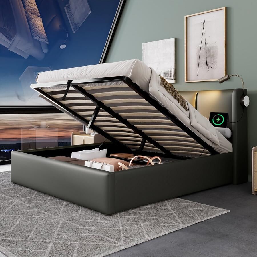 Singularity -Gestoffeerd bed tweepersoonsbed leeslampje met USB hoofdeinde- opbergbedden bedframe PU jeugdbed 140x200 met lattenbodem zonder matras