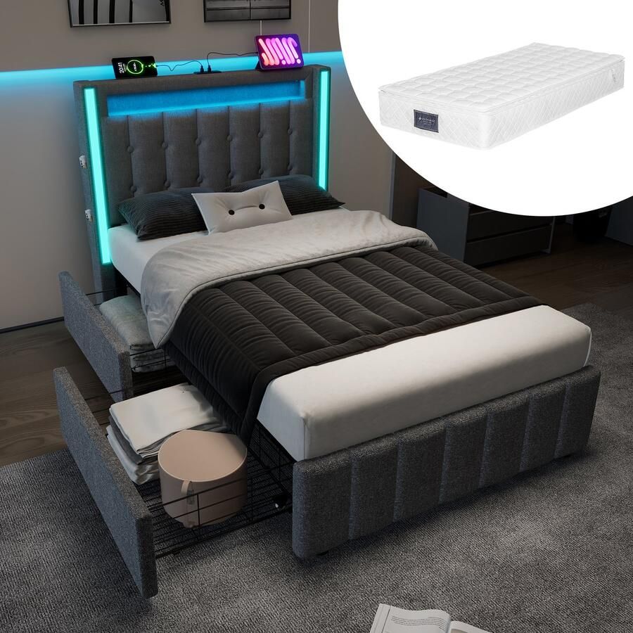 Singularity -Gestoffeerd bed USB Type C LED en 2 lades- jeugdbedden 90x200cm eenpersoonsbed opbergbedden bedframe- grijs met matras