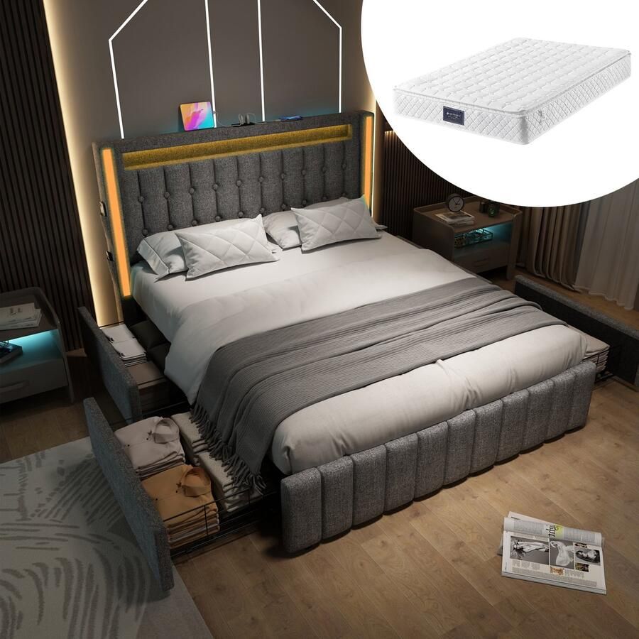 Singularity -Gestoffeerd bed USB Type C LED en 4 lades- jeugdbedden 160x200cm tweepersoonsbed opbergbedden bedframe- grijs met matras