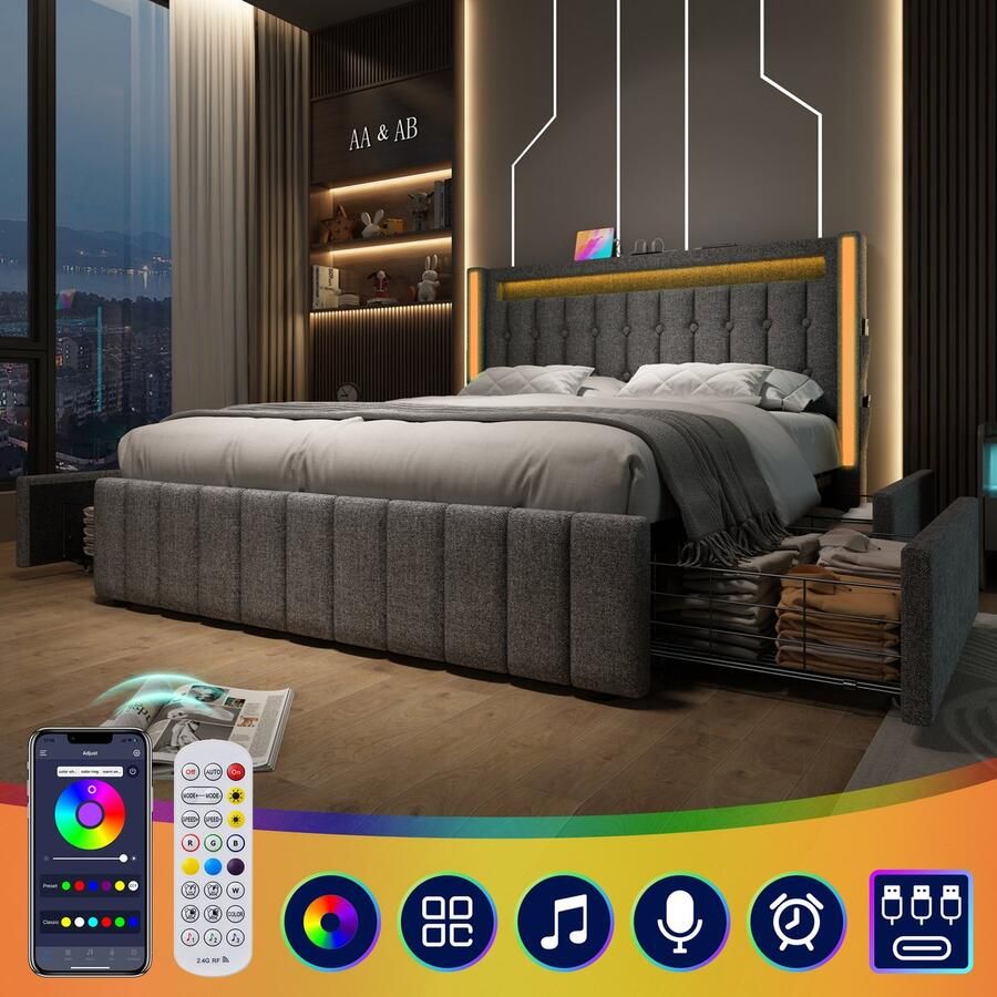 Singularity -Gestoffeerd bed USB Type C LED en 4 lades- jeugdbedden 140x200cm tweepersoonsbed opbergbedden bedframe- grijs met matras