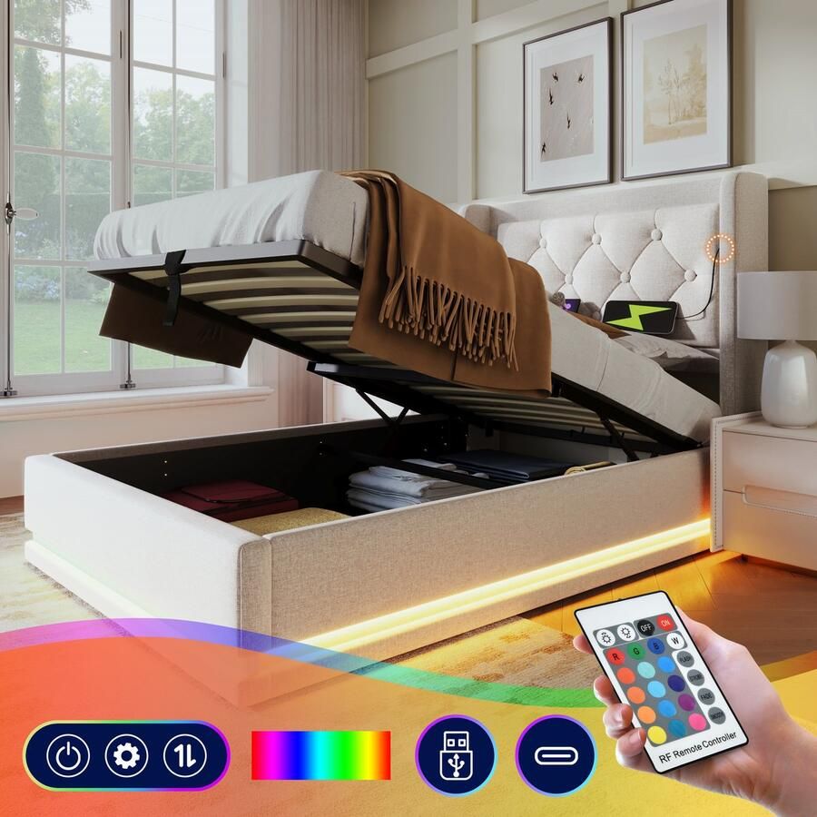 Singularity -Gestoffeerd eenpersoonsbed 90 x 200 cm- beige- hydraulisch opbergbed- hoofdbord met USB Type-C- 3-zijdige LED- zonder matras