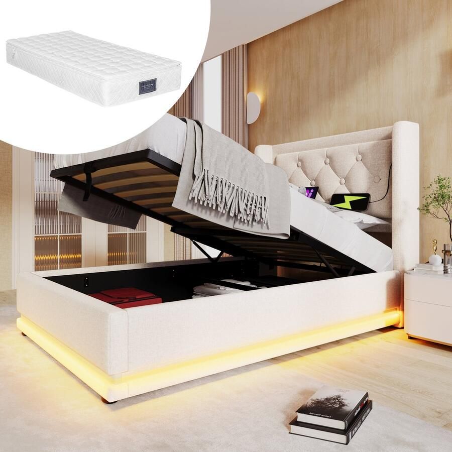 Singularity -Gestoffeerd eenpersoonsbed 90 x 200 cm- beige- hydraulisch opbergbed- hoofdbord met USB Type-C- 3-zijdige LED- met matras