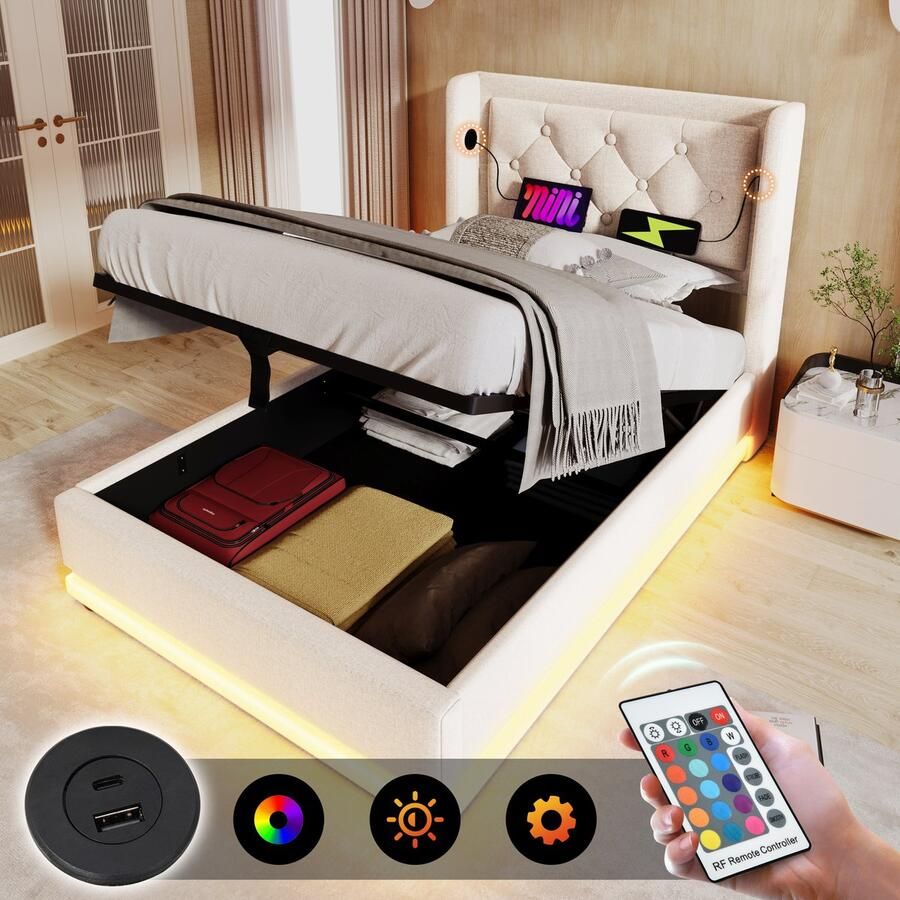 Singularity -Gestoffeerd eenpersoonsbed 90 x 200 cm- beige- hydraulisch opbergbed- hoofdbord met USB Type-C- 3-zijdige LED- met matras - Foto 2
