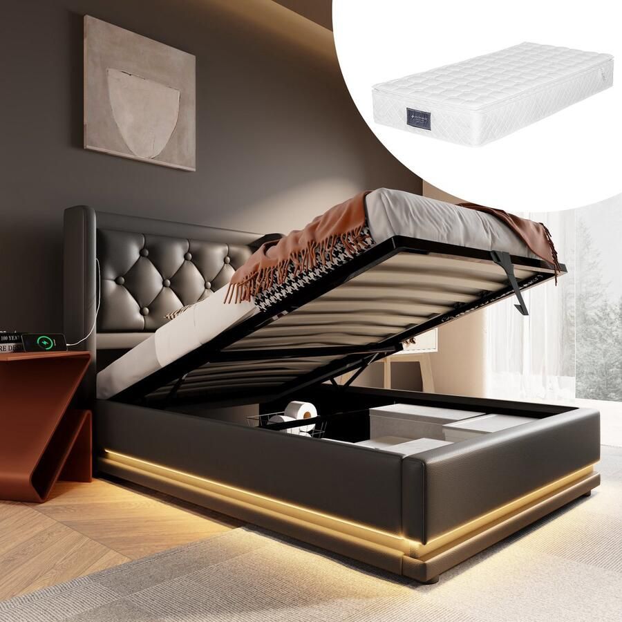 Singularity -Gestoffeerd eenpersoonsbed 90 x 200 cm- zwart PU- hydraulisch opbergbed- hoofdbord met USB Type-C- 3-zijdige LED- met matras