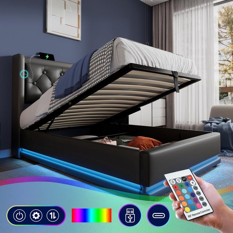 Merax Gestoffeerd bed eenpersoonsbed 90x200 cm met USB Type-C opladen met LED-verlichting zonder matras zwart PU