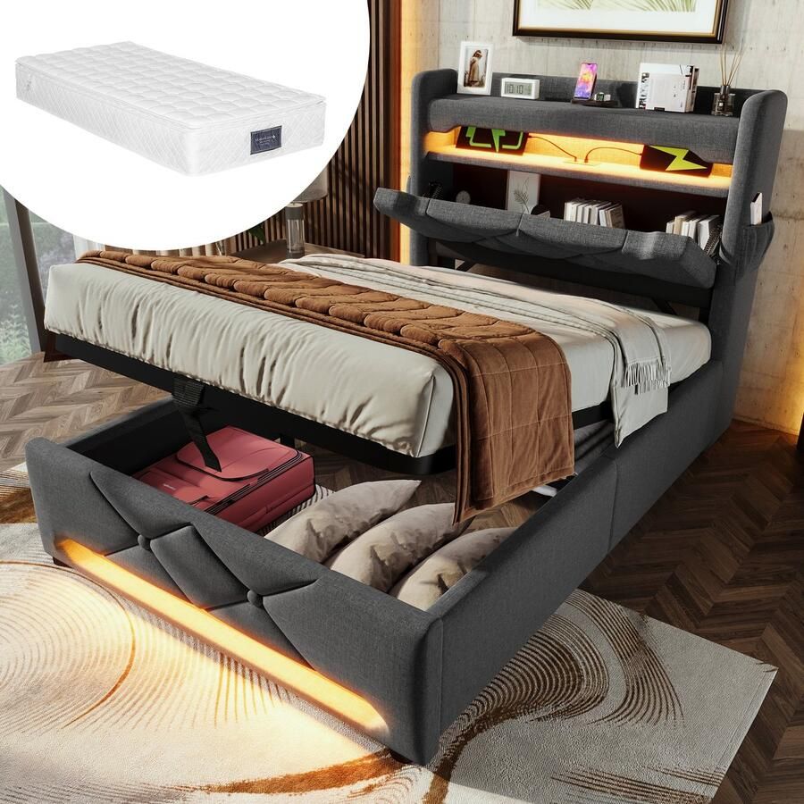 Merax Gestoffeerd bed Eenpersoonsbed 90x200 cm met USB- en Type C-poorten LED-verlichting met opbergruimte grijs met matras