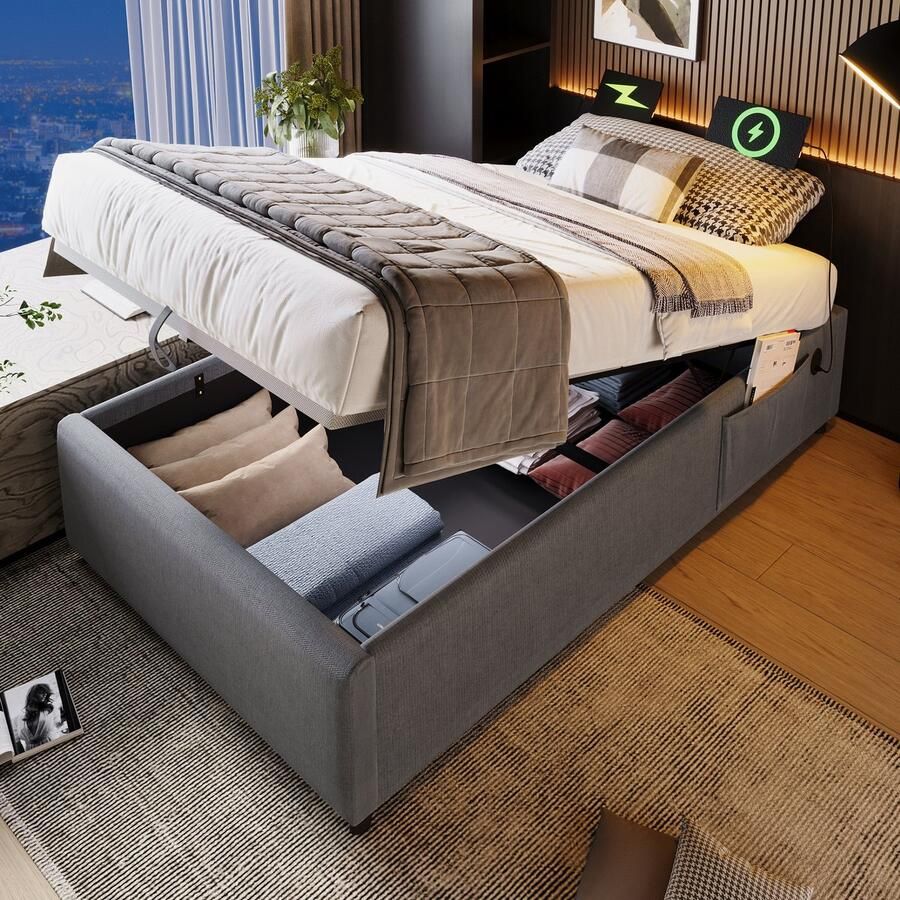 Singularity -Gestoffeerd eenpersoonsbed 90x200 cm- gestoffeerd bedframe met USB-C en lattenbodem over het gehele oppervlak- zonder hoofdbord- katoen- grijs- zonder matras