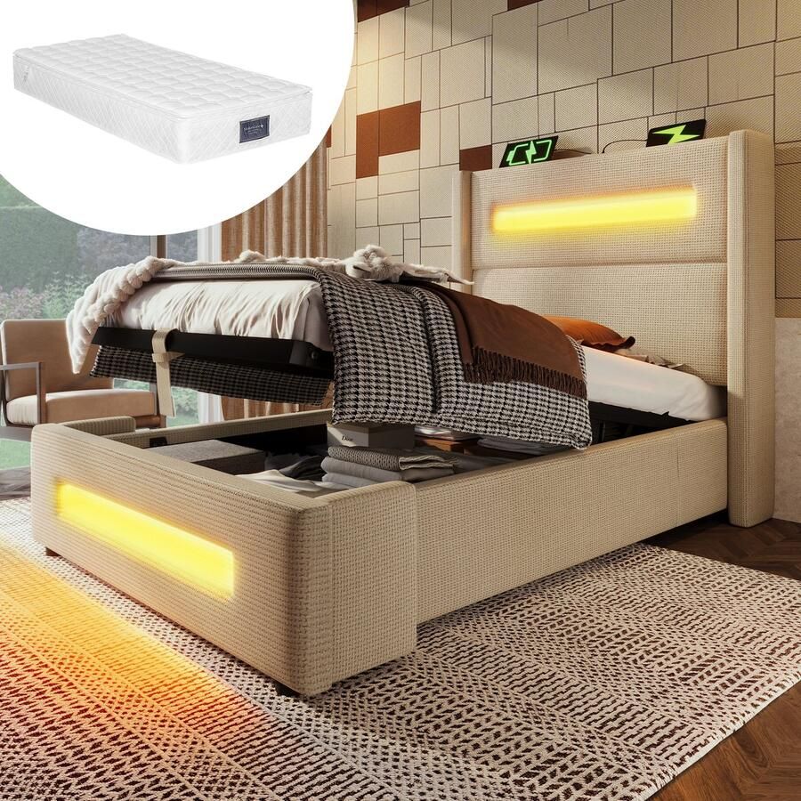 Merax Gestoffeerd bed Eenpersoonsbed 90x200 cm Jeugdbed met LED-verlichting opbergbed met opbergruimte en USB Type-C opladen beige met matras