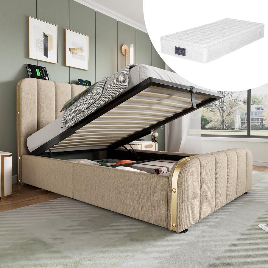 Singularity -Gestoffeerd eenpersoonsbed- hoofdbord met gouden sierstrepen en USB Type-C 90 x 200 cm- hydraulisch opbergbed met matras