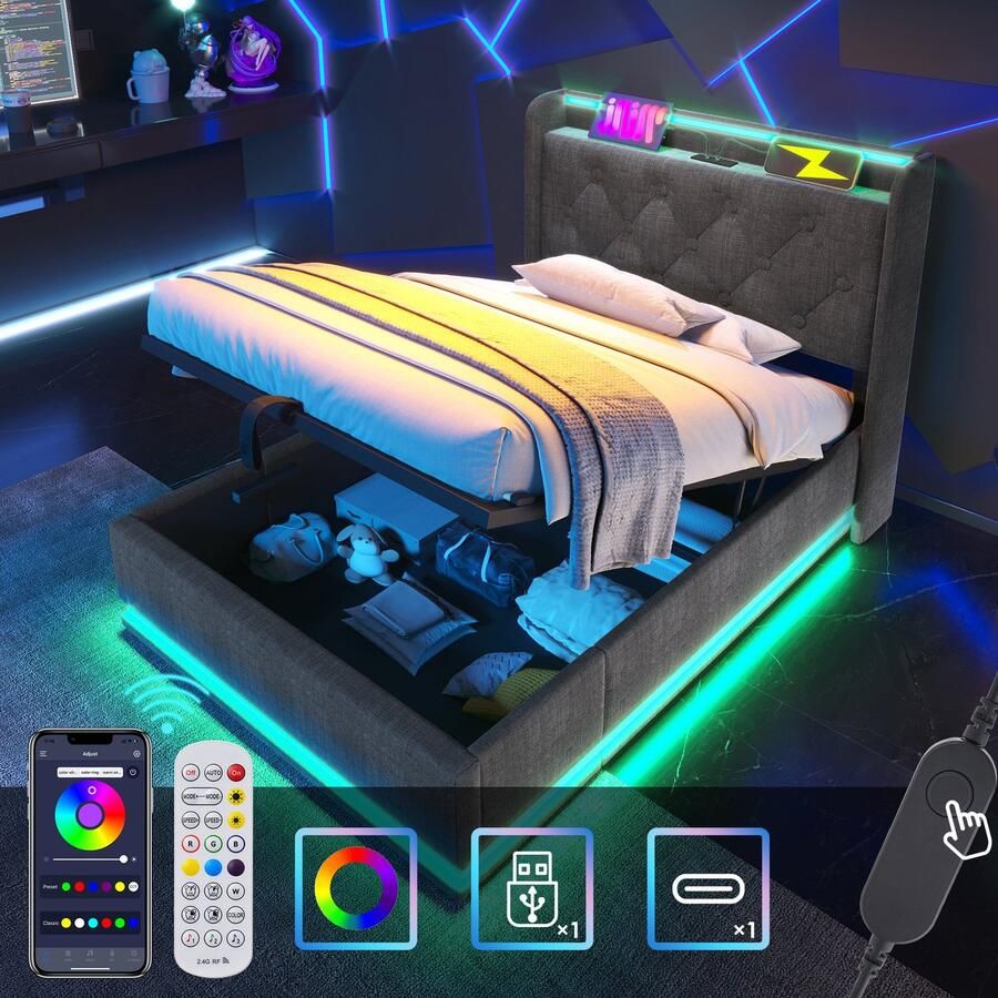 Singularity -Gestoffeerd eenpersoonsbed- LDE 90 x 200 cm- grijs linnen- bed met hydraulische opbergruimte- hoofdbord met USB Type-C. Zonder matras