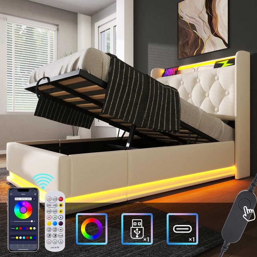 Singularity -Gestoffeerd eenpersoonsbed- LDE 90 x 200 cm- wit PU-materiaal Hydraulisch opbergbed- hoofdeinde met USB Type-C Zonder matras