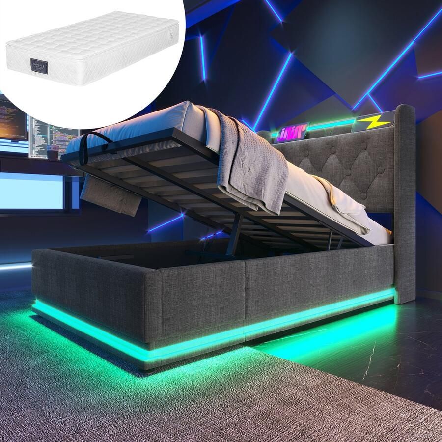 Merax Bed 90x200 cm met Matras en LED Verlichting – Grijs Linnen Eenpersoonsbed met Hydraulische Opbergruimte en USB-C Aansluiting