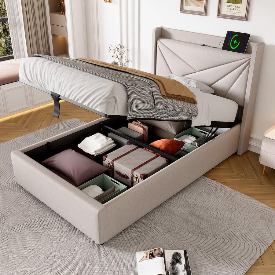 Singularity -Gestoffeerd eenpersoonsbed met USB Type C hoofdbord- opbergbedden- linnen bedframe- jeugdbed 90x200- zonder matras