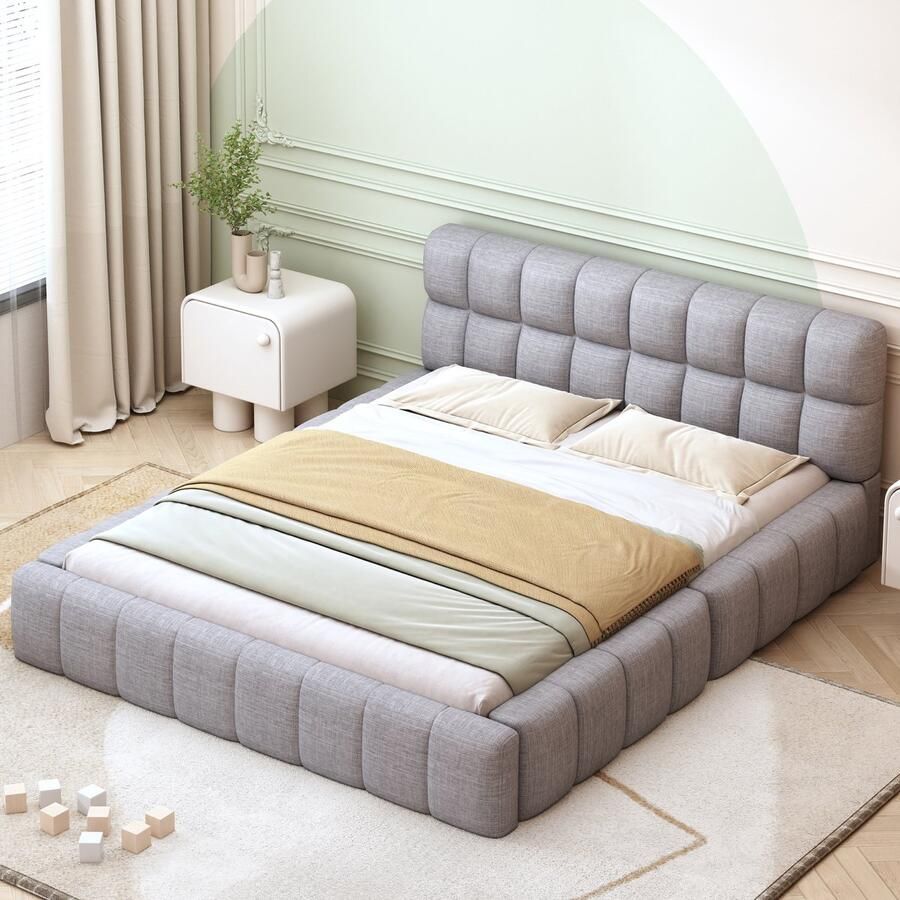 Merax Gestoffeerd bed 140 x 200 cm tweepersoonsbed met zachte rugleuning plat bed met gestoffeerde randen grijs zonder matras