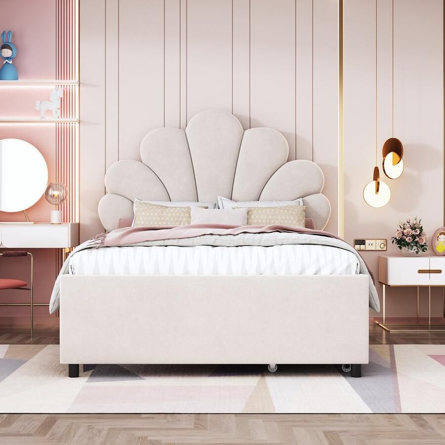 Singularity -Gestoffeerd kinderbed 90 x 200 cm- bedframe met bloemenhoofdbord en lattenbodem- met 2 opbergvakken- beige- zonder matras