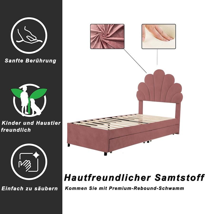 Singularity -Gestoffeerd kinderbed 90 x 200 cm- bedframe met bloemenhoofdbord en lattenbodem- met 2 opbergvakken- roze- zonder matras