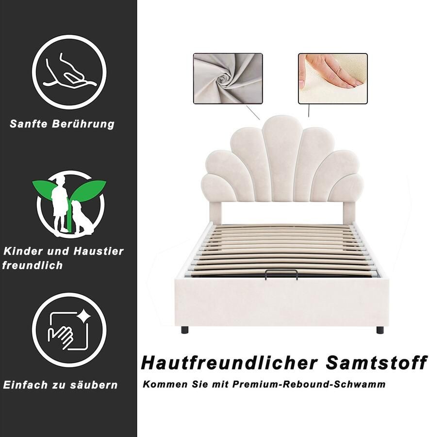 Singularity -Gestoffeerd kinderbed 90 x 200 cm- met hoofdbord en lattenbodem- met in hoogte verstelbaar hoofdbord en hydraulische opbergruimte- beige- zonder matras