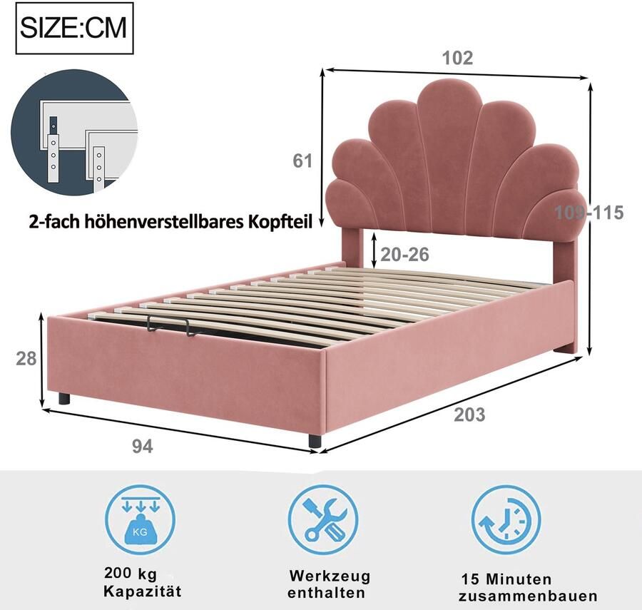 Singularity -Gestoffeerd kinderbed 90 x 200 cm- met hoofdbord en lattenbodem- met in hoogte verstelbaar hoofdbord en hydraulische opbergruimte- roze- zonder matras