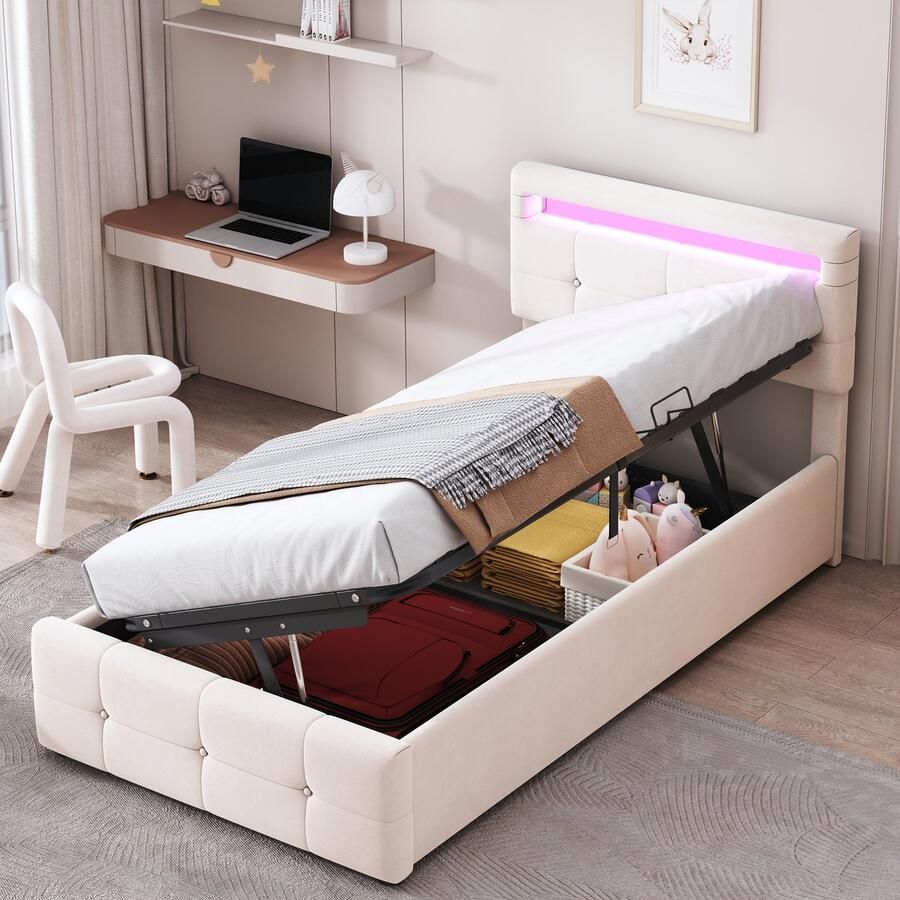 Merax Gestoffeerd bed kinderbed 90x200 cm met LED-verlichting met opbergruimte in hoogte verstelbaar hoofdeinde beige zonder matras