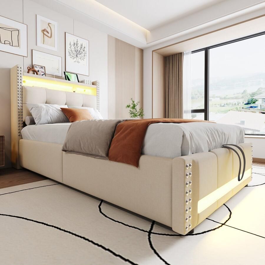 Singularity -Gestoffeerd kinderbed 90x200cm met LED-verlichting en USB-aansluiting- met hydraulische opbergruimte- eenpersoonsbed- linnen stof beige- zonder matras