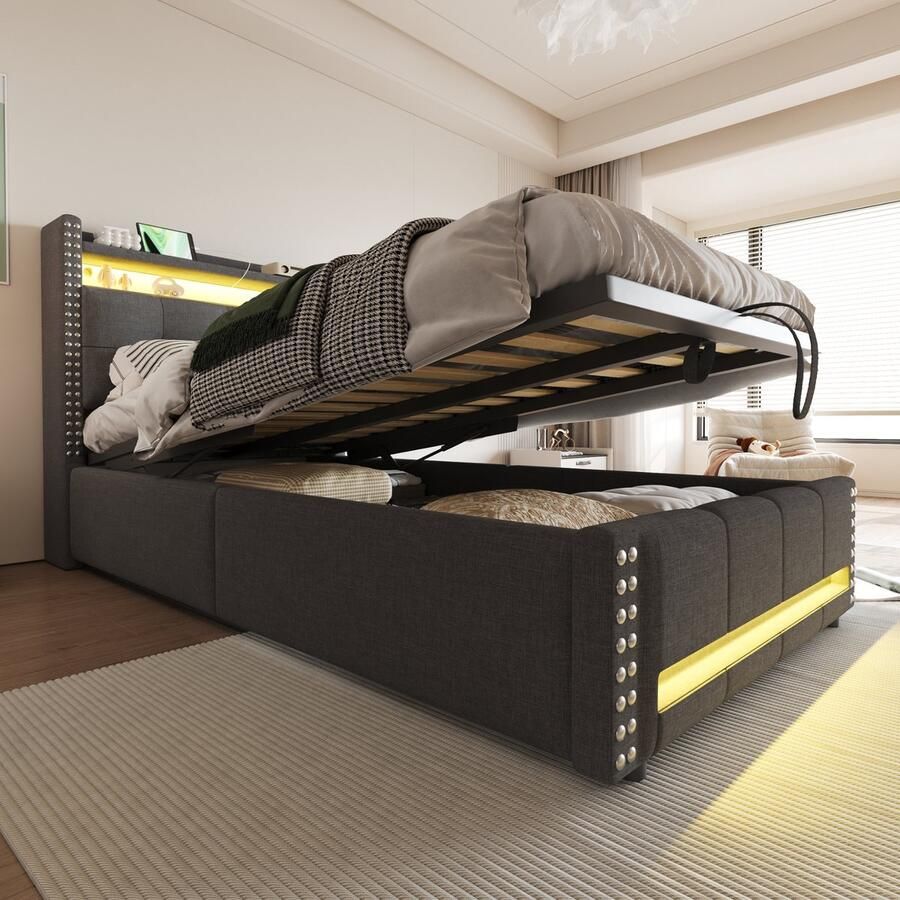 Singularity -Gestoffeerd kinderbed 90x200cm met LED-verlichting en USB-aansluiting- met hydraulische opberging- eenpersoonsbed- linnen stof grijs- zonder matras