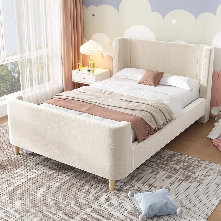 Singularity -Gestoffeerd kinderbed- eenpersoonsbed slee-bed met kosmisch patroon- 90 x 200 cm- voor jongens en meisjes- beige- fluweel- zonder matras