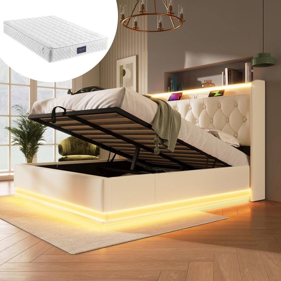 Singularity -Gestoffeerd tweepersoonsbed 140 x 200 cm- beige- hydraulisch opbergbed- hoofdbord met USB Type-C- 3-zijdige LED- zonder matras