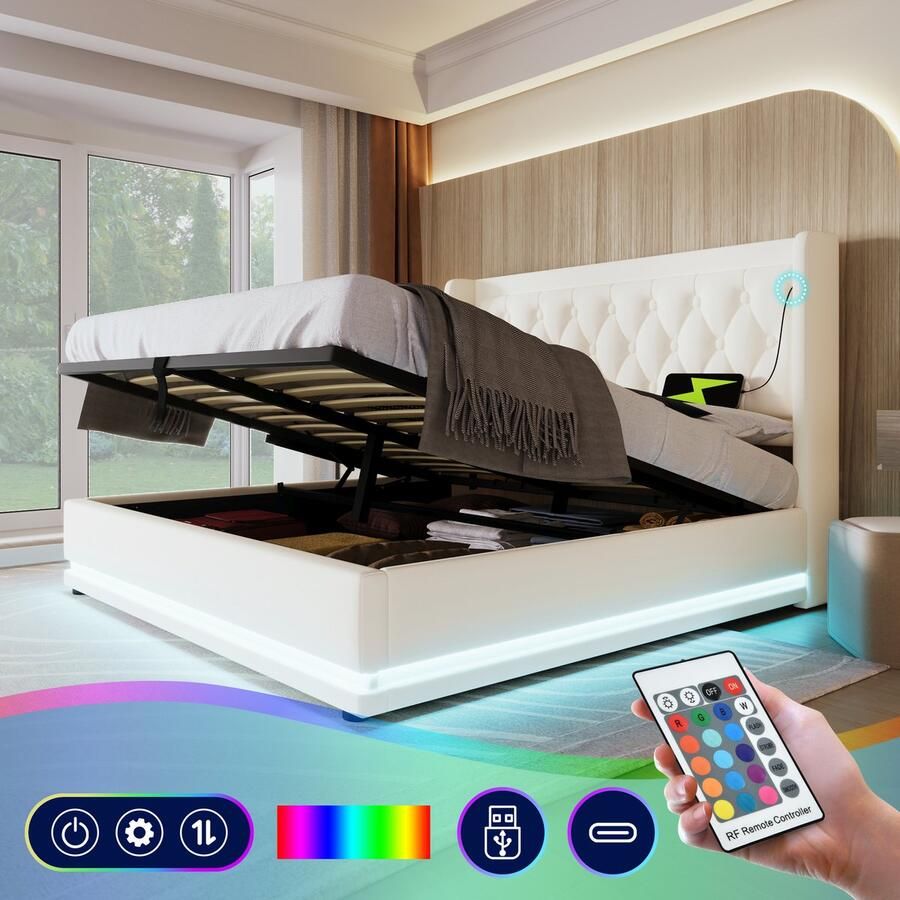 SONNENH Polsterbed – 140 x 200 cm – Wit PU-materiaal – Hydraulisch opklapbaar bed met opbergfunctie – Gepolsterd hoofdeinde met USB Type-C oplaadpunt – 3-zijdige LED-verlichting (zonder matras)