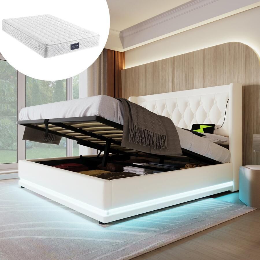 Singularity -Gestoffeerd bed 140x200- tweepersoonsbed- leeslamp met USB-hoofdeinde- rugleuning met klinknageldesign- grijs- zonder matras