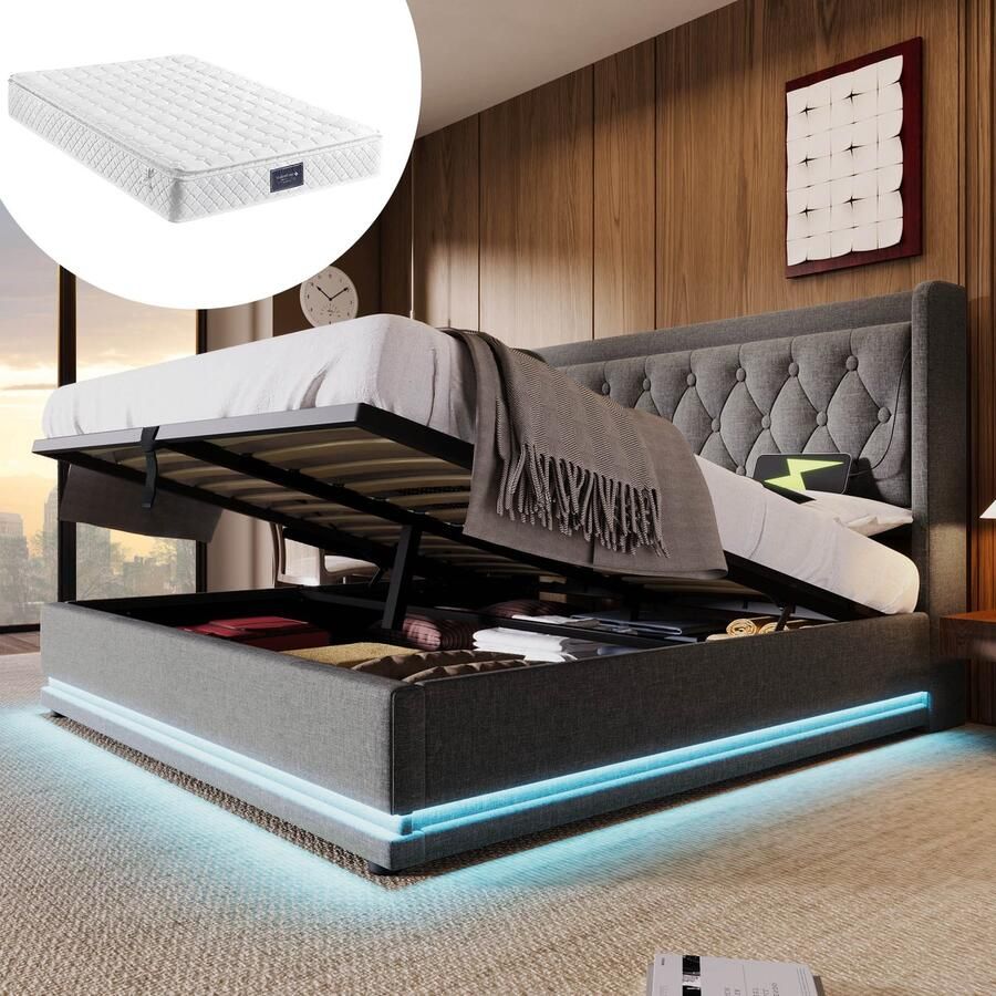 Singularity -Gestoffeerd tweepersoonsbed 140 x 200 cm- Zwart PUHydraulisch opbergbed- hoofdbord met USB Type-C- 3-zijdige LED- met matras