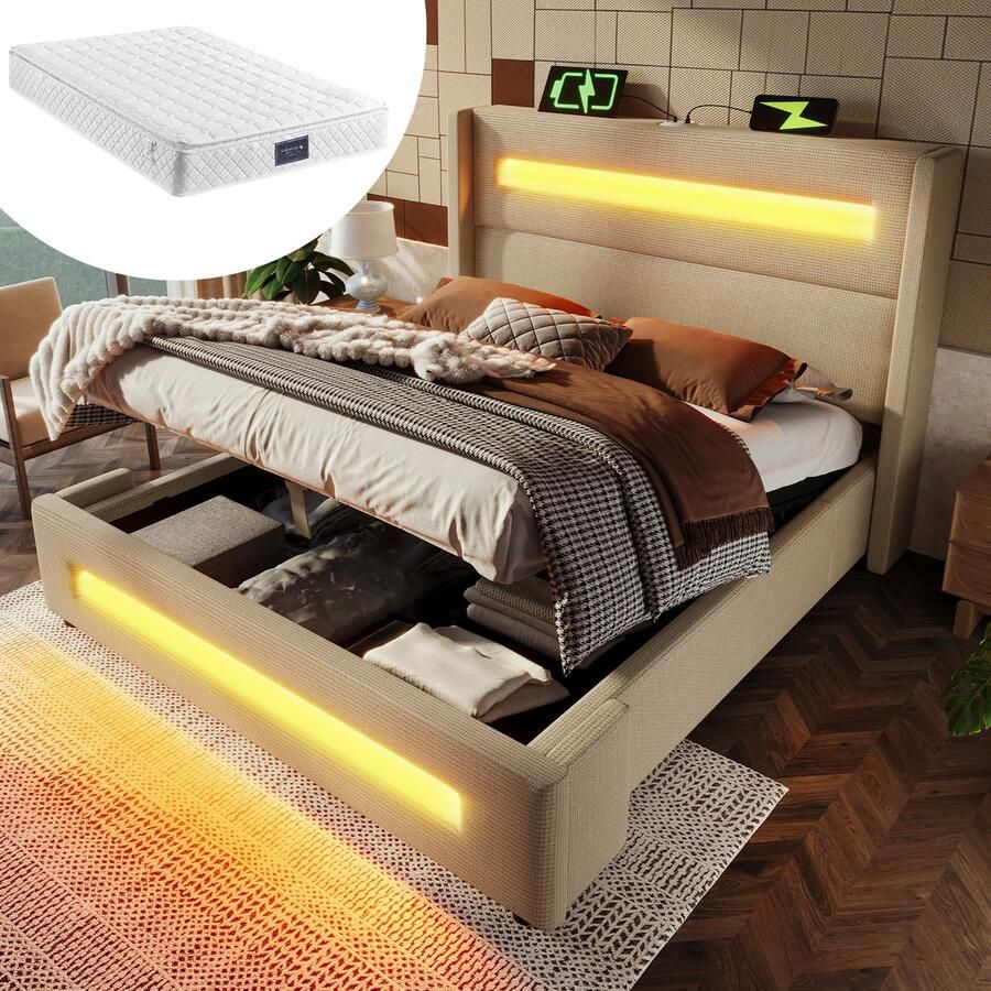 Merax Gestoffeerd bed Tweepersoonsbed 140x200 cm jeugdbed met LED opbergbed met opbergruimte en USB Type-C opladen beige met matras