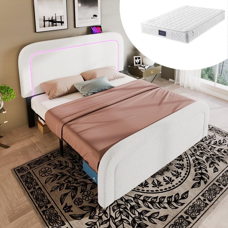 Singularity -Bedframe met USB Type C LED-verlichting- tweepersoonsbed gestoffeerd bed 160x200cm- in hoogte verstelbaar hoofdeinde- Sherp-White met matras