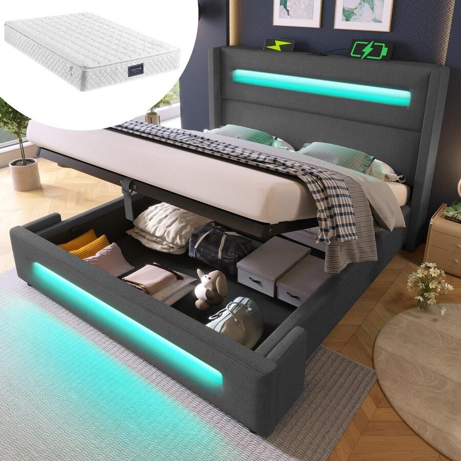 Merax Gestoffeerd bed Tweepersoonsbed 140x200 cm jeugdbed met LED opbergbed met opbergruimte en USB Type-C opladen grijs met matras