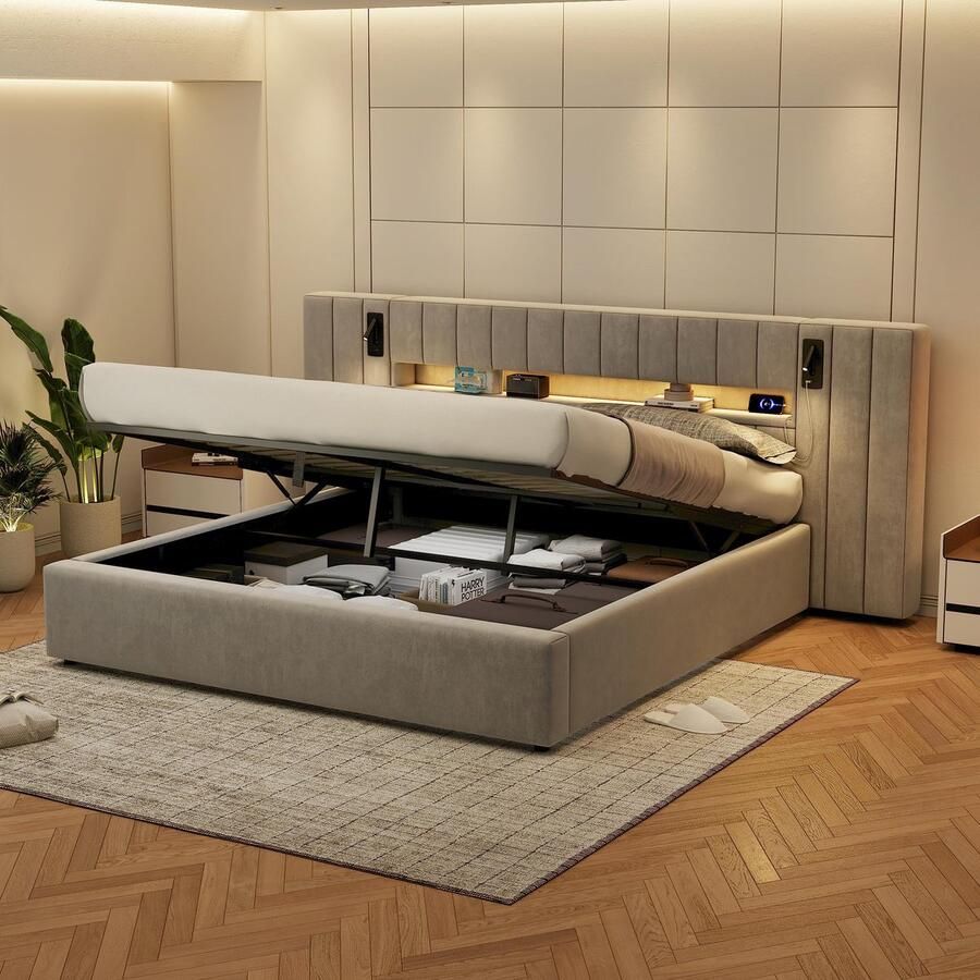Pugsdrly Bedframe 180 x 200 cm met USB-aansluiting gestoffeerd bed tweepersoonsbed bed met opbergruimte functioneel bed met LED-verlichting met nachtlampje met opbergruimte zonder matras fluweel grijs