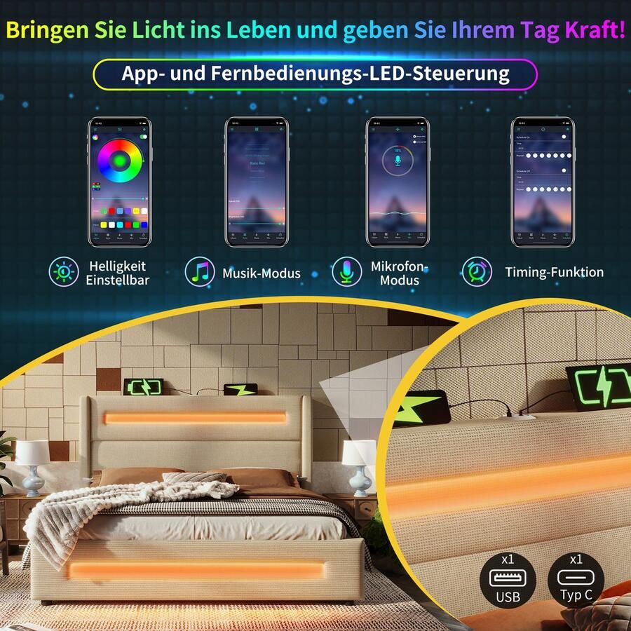 Singularity -Gestoffeerd tweepersoonsbed 140x200 cm- opbergbed met hydraulische opbergruimte en USB Type-C-oplader- beige- linnen- met matras