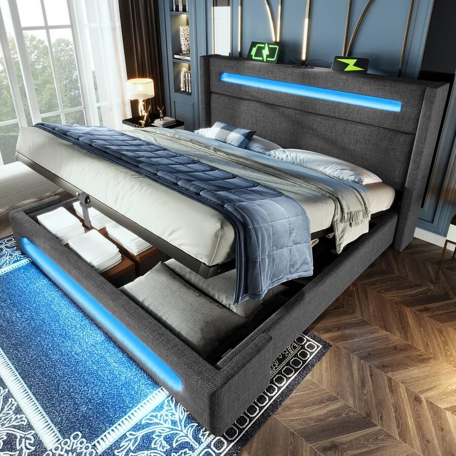 Singularity -Gestoffeerd tweepersoonsbed 140x200 cm- opbergbed met hydraulische opbergruimte en USB Type-C-oplader- beige- linnen- zonder matras