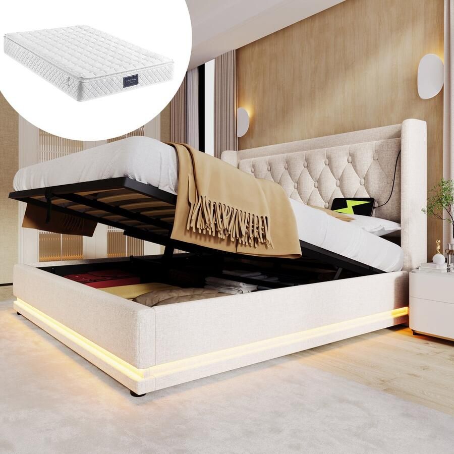 Singularity -Gestoffeerd tweepersoonsbed 140 x 200 cm- grijs- hydraulisch opbergbed- hoofdbord met USB Type-C- 3-zijdige LED- met matras