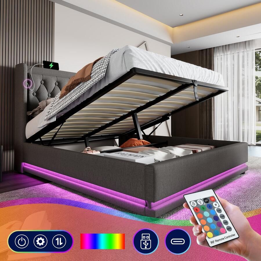 Merax Gestoffeerd bed tweepersoonsbed 160x200 cm met USB Type-C opladen met LED-verlichting zonder matras grijs linnen