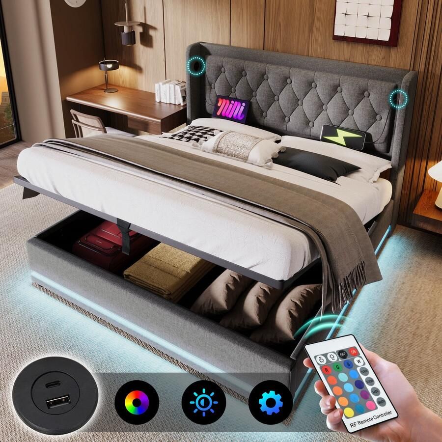 Singularity -Gestoffeerd tweepersoonsbed 160 x 200 cm- grijs- hydraulisch opbergbed- hoofdbord met USB Type-C- 3-zijdige LED- zonder matras - Foto 2