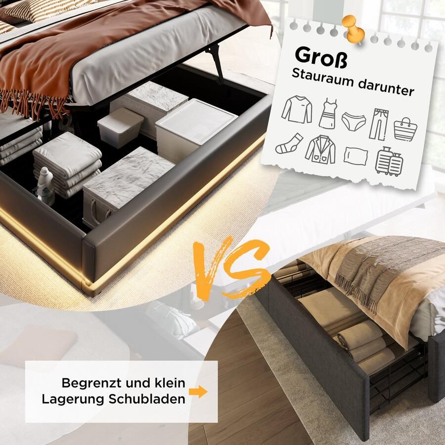 Singularity -Gestoffeerd tweepersoonsbed 160 x 200 cm- zwart PU hydraulisch opbergbed- hoofdbord met USB Type-C- 3-zijdige LED- zonder matras