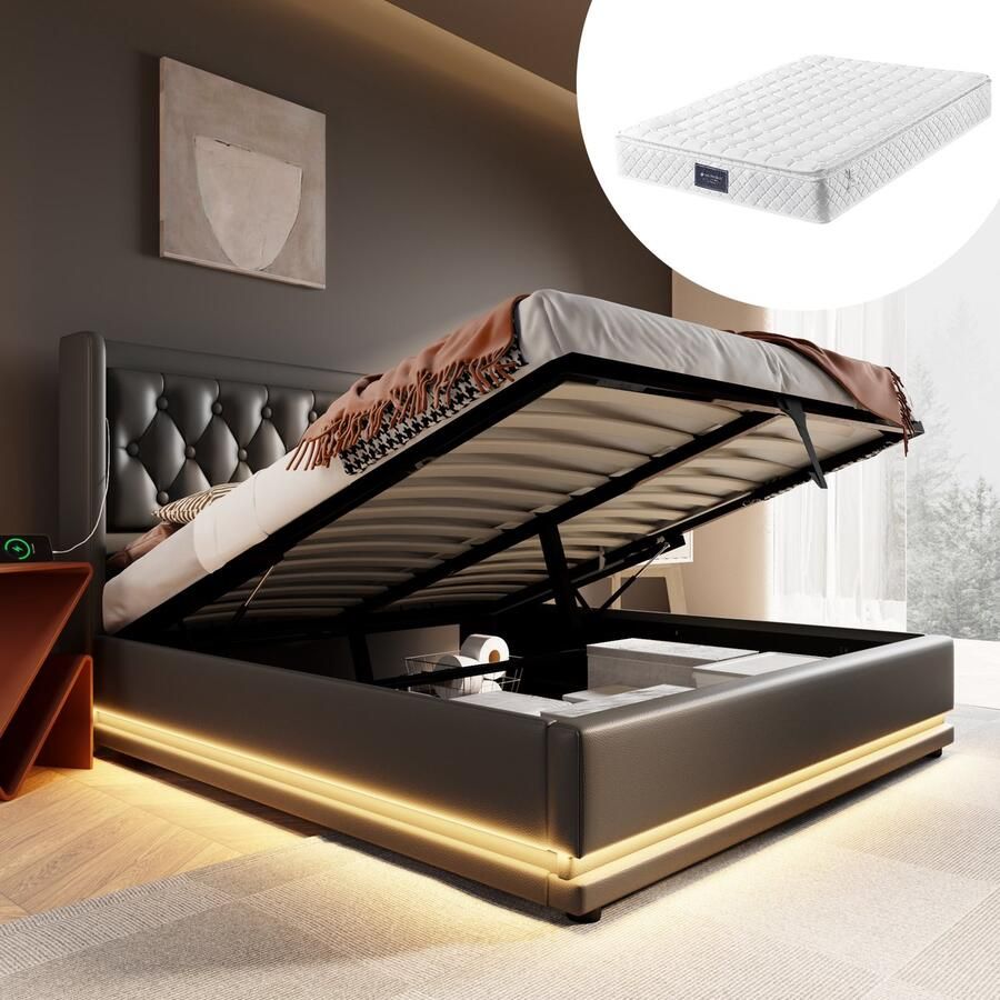 Singularity -Gestoffeerd tweepersoonsbed 160 x 200 cm- Zwart PUHydraulisch opbergbed- hoofdbord met USB Type-C- 3-zijdige LED- met matras