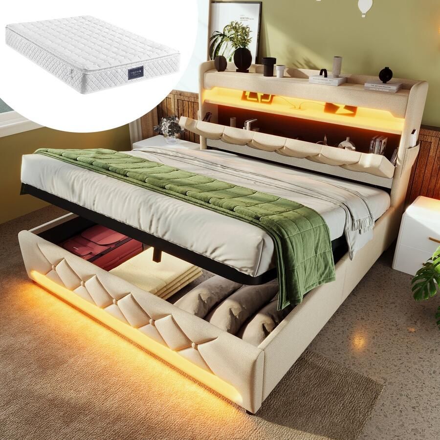 HAUSS SPOLE Gestoffeerd Bed 140x200 cm Tweepersoonsbed Met Hydraulisch Opbergbed En LED Verlichting Met USB C-Type Oplaadfunctie Linnen Beige